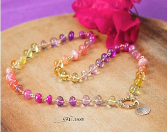 - Solid Gold 14K Multi Gemstone Necklace Wire Wrapped in Gold, Gemmy Necklace