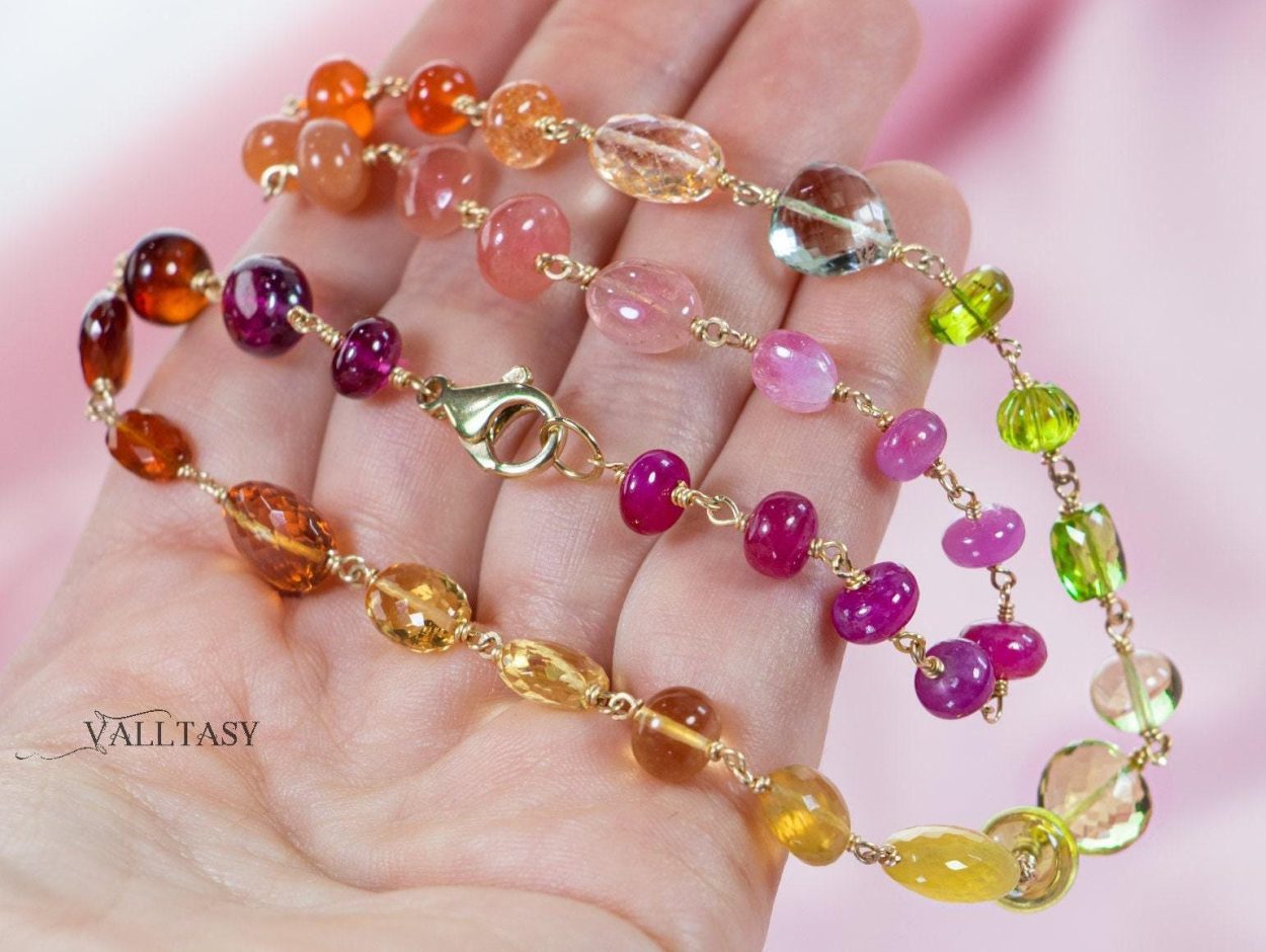 - Solid Gold 14K Multi Gemstone Necklace Wire Wrapped in Gold, Gemmy Necklace, Colorful Multi Stone Fancy Shaped Necklace