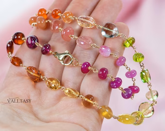 - Solid Gold 14K Multi Gemstone Necklace Wire Wrapped in Gold, Gemmy Necklace, Colorful Multi Stone Fancy Shaped Necklace