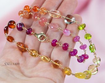- Solid Gold 14K Multi Gemstone Necklace Wire Wrapped in Gold, Gemmy Necklace, Colorful Multi Stone Fancy Shaped Necklace