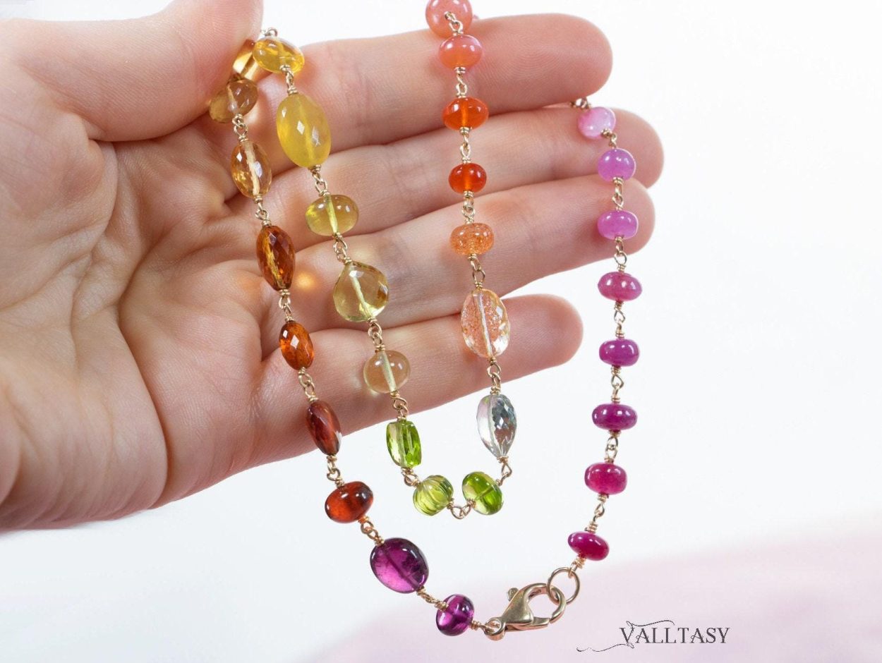 - Solid Gold 14K Multi Gemstone Necklace Wire Wrapped in Gold, Gemmy Necklace, Colorful Multi Stone Fancy Shaped Necklace