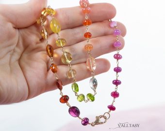 - Solid Gold 14K Multi Gemstone Necklace Wire Wrapped in Gold, Gemmy Necklace, Colorful Multi Stone Fancy Shaped Necklace