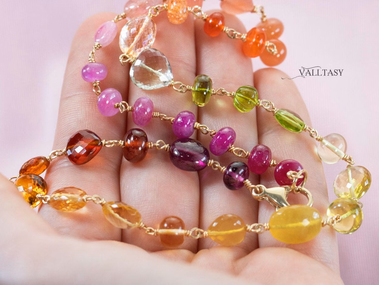 - Solid Gold 14K Multi Gemstone Necklace Wire Wrapped in Gold, Gemmy Necklace, Colorful Multi Stone Fancy Shaped Necklace