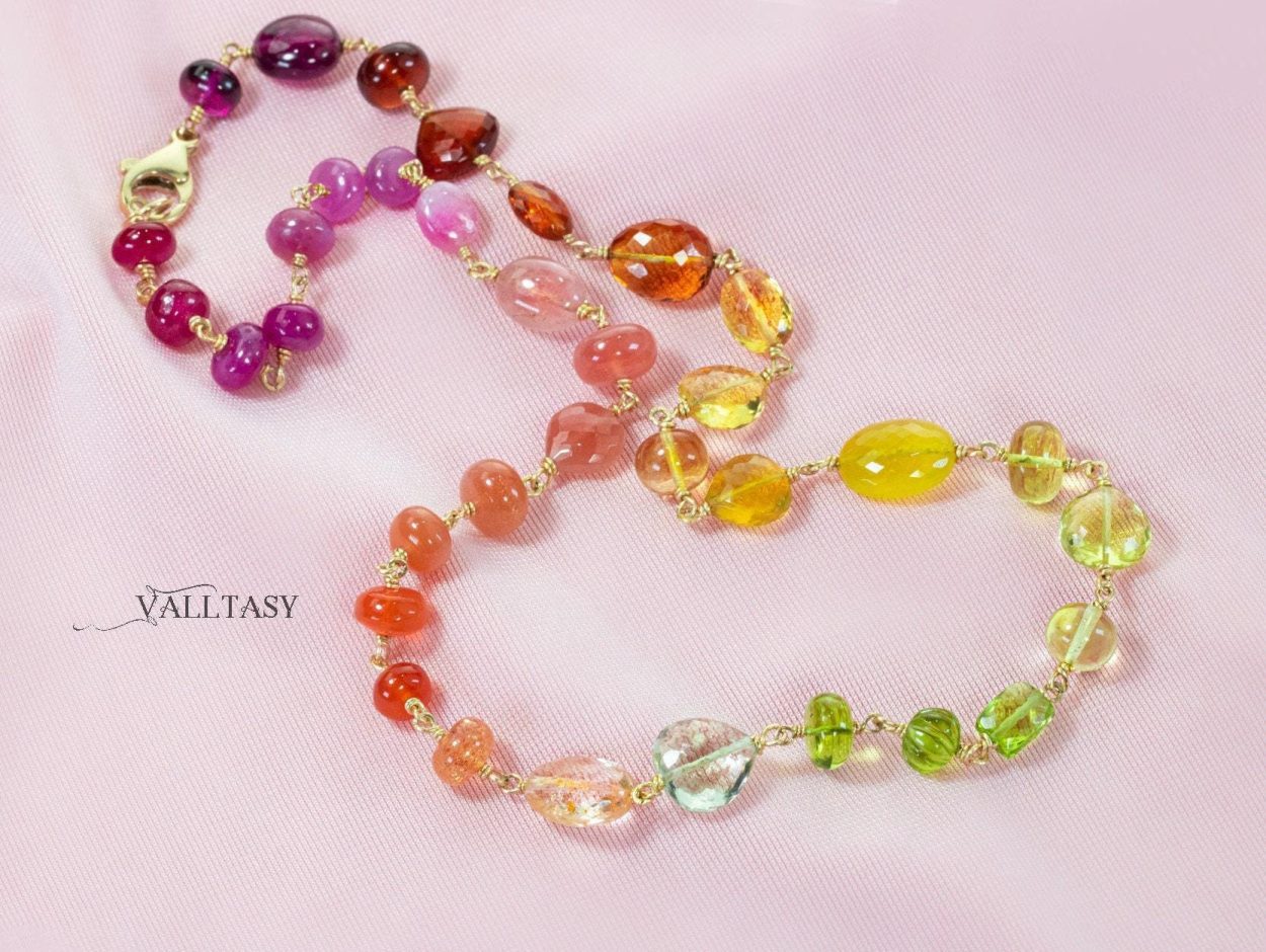 - Solid Gold 14K Multi Gemstone Necklace Wire Wrapped in Gold, Gemmy Necklace, Colorful Multi Stone Fancy Shaped Necklace