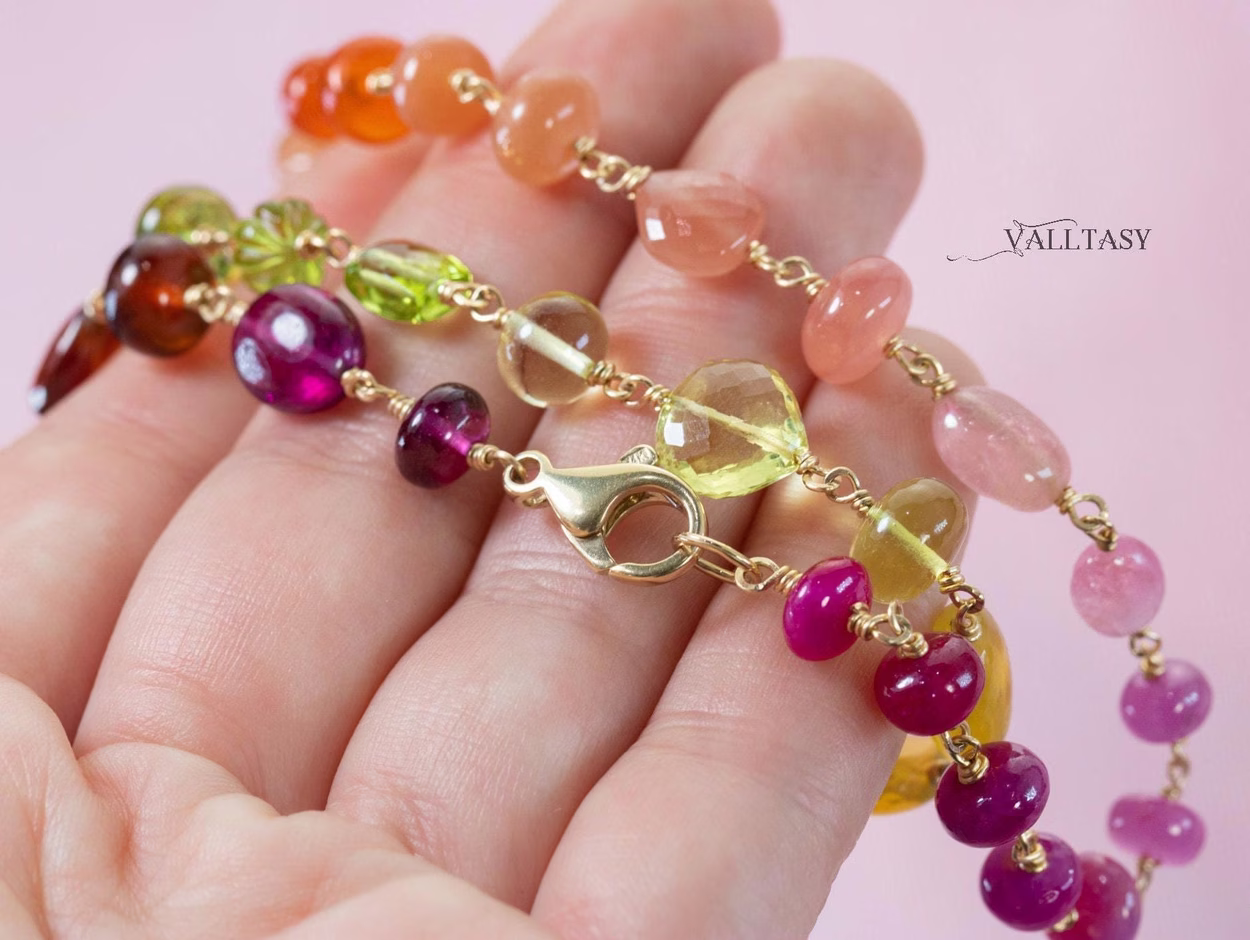 - Solid Gold 14K Multi Gemstone Necklace Wire Wrapped in Gold, Gemmy Necklace, Colorful Multi Stone Fancy Shaped Necklace