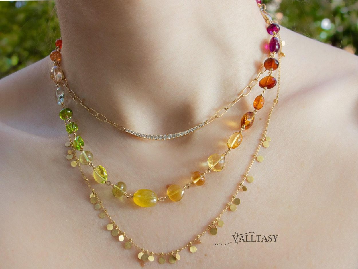 - Solid Gold 14K Multi Gemstone Necklace Wire Wrapped in Gold, Gemmy Necklace, Colorful Multi Stone Fancy Shaped Necklace