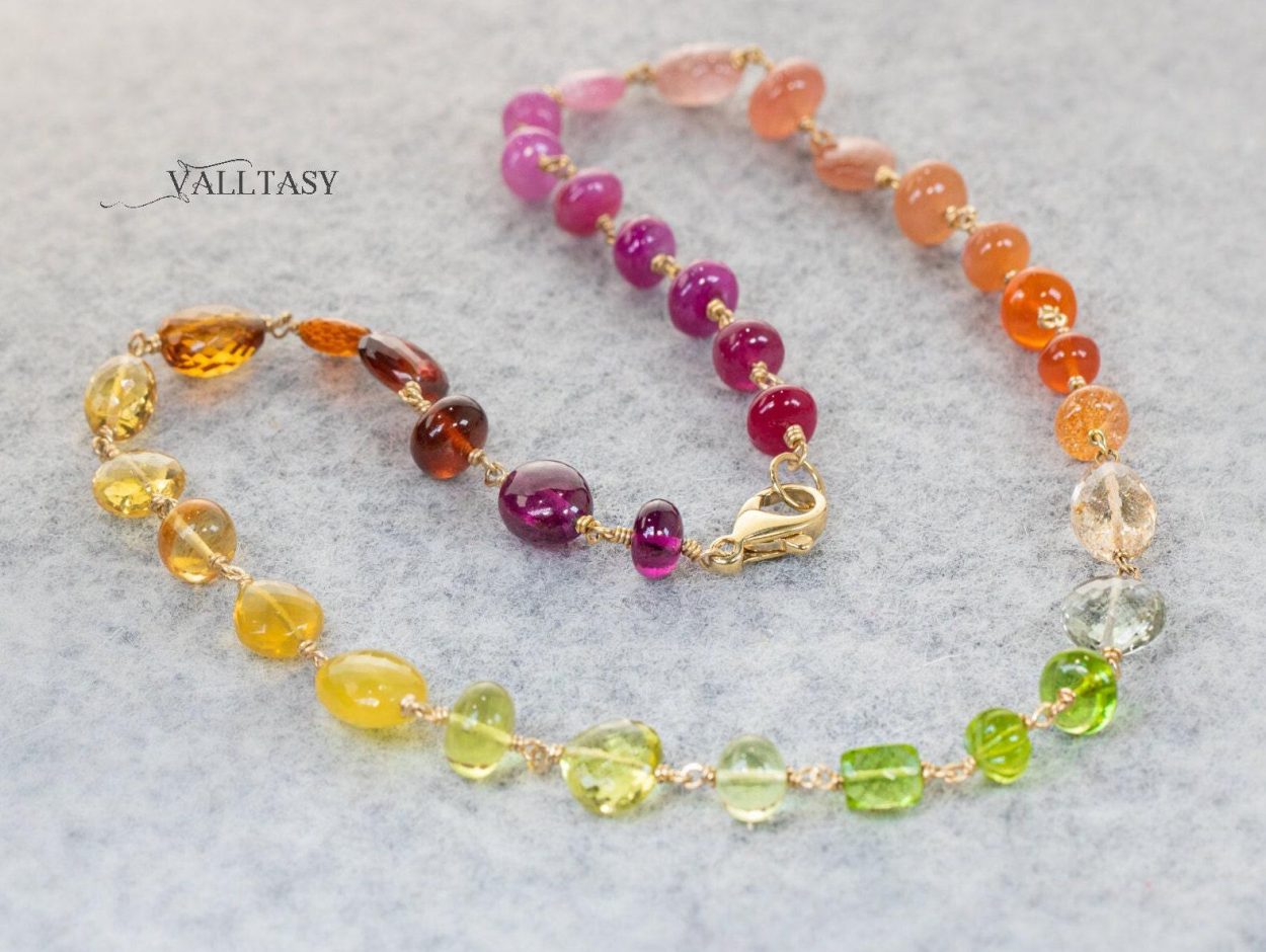 - Solid Gold 14K Multi Gemstone Necklace Wire Wrapped in Gold, Gemmy Necklace, Colorful Multi Stone Fancy Shaped Necklace