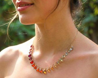 - Solid Gold 14K Multi Gemstone Orange Red Drop Necklace, Semi Precious Colorful Necklace