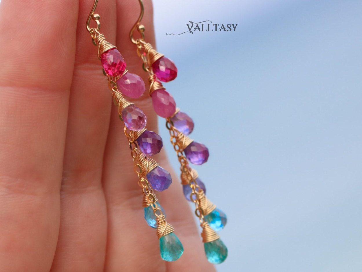 - Solid Gold 14K Multi Gemstone Pink Purple Blue Drop Earrings, Linear Gemstone Earrings