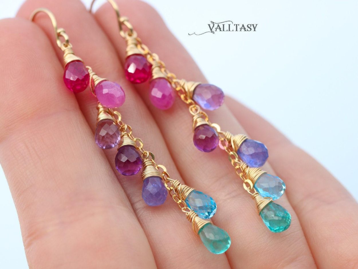 - Solid Gold 14K Multi Gemstone Pink Purple Blue Drop Earrings, Linear Gemstone Earrings