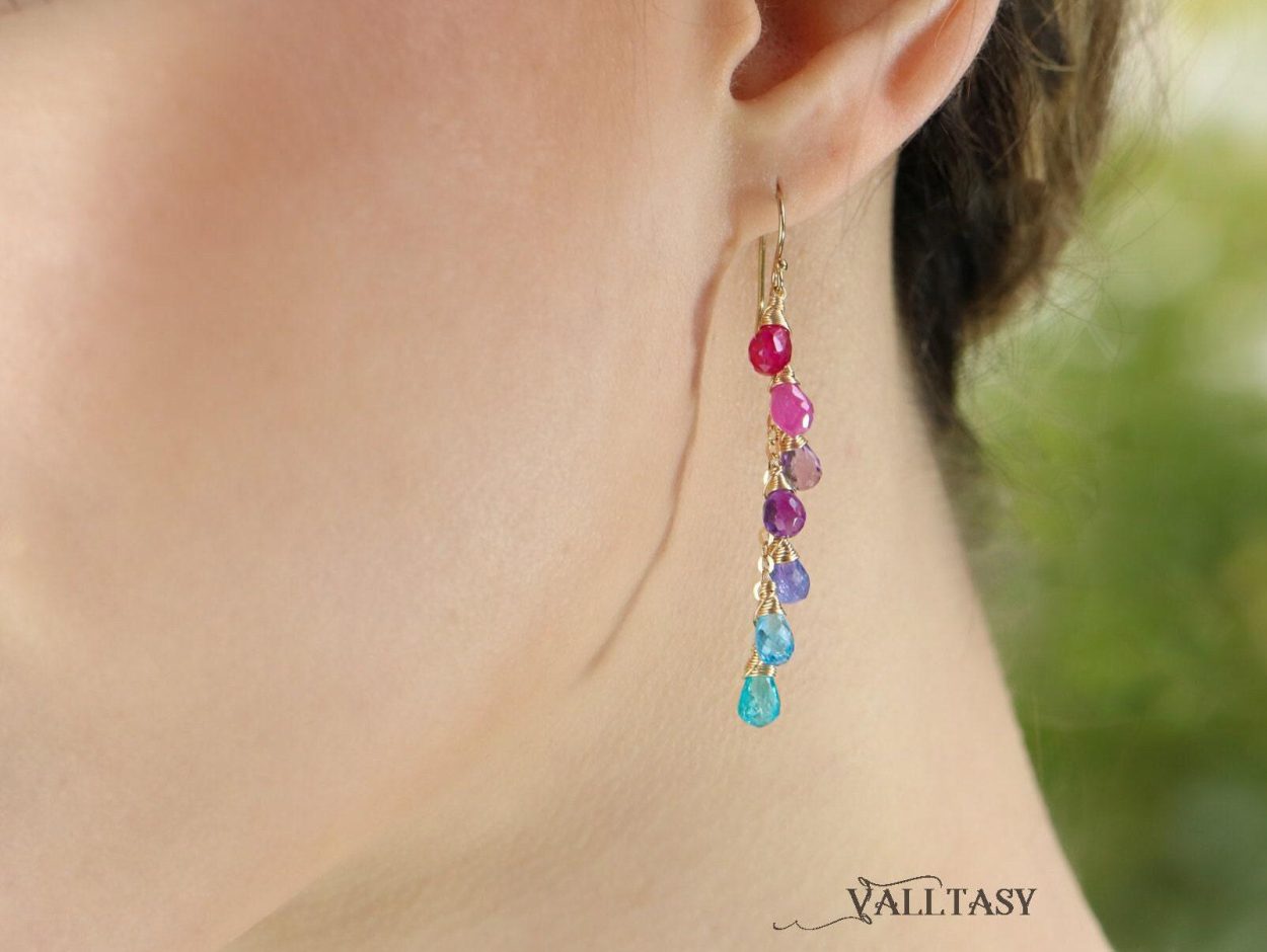 - Solid Gold 14K Multi Gemstone Pink Purple Blue Drop Earrings, Linear Gemstone Earrings