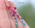 - Solid Gold 14K Multi Gemstone Pink Purple Blue Drop Earrings, Linear Gemstone Earrings