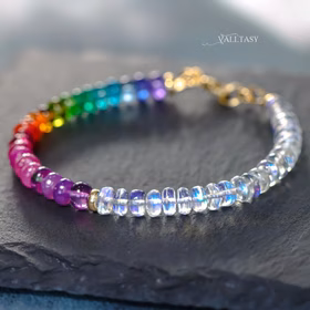 My Rainbow Other Half Bracelet - Solid Gold 14K Multi Gemstone Rainbow Moonstone Bracelet, Moonstone and Rainbow Beaded Bracelet