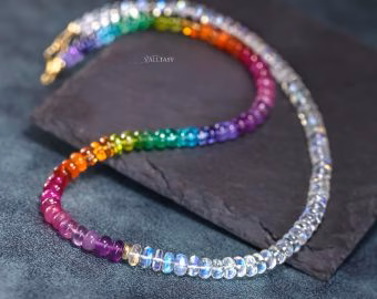 - Solid Gold 14K Multi Gemstone Rainbow Moonstone Necklace, Moonstone and Rainbow Beaded Necklace