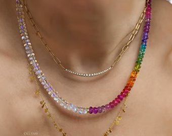 - Solid Gold 14K Multi Gemstone Rainbow Moonstone Necklace, Moonstone and Rainbow Beaded Necklace