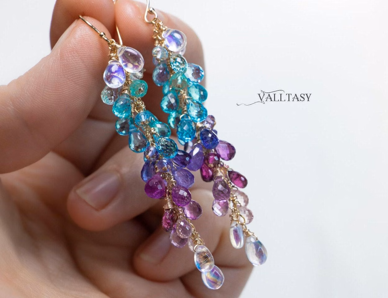 - Solid Gold 14K Multi Stone Semi Precious Long Gemstone Earrings, Long Drop Cluster Earrings