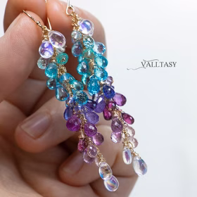 The Aurora Earrings - Solid Gold 14K Multi Stone Semi Precious Long Gemstone Earrings, Long Drop Cluster Earrings