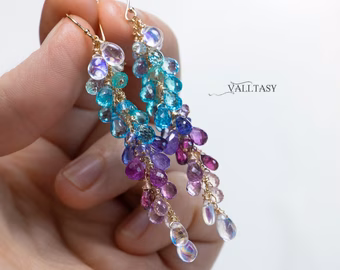 - Solid Gold 14K Multi Stone Semi Precious Long Gemstone Earrings, Long Drop Cluster Earrings