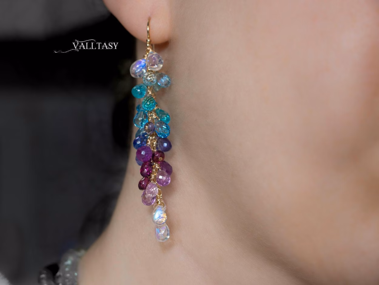 - Solid Gold 14K Multi Stone Semi Precious Long Gemstone Earrings, Long Drop Cluster Earrings
