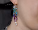 - Solid Gold 14K Multi Stone Semi Precious Long Gemstone Earrings, Long Drop Cluster Earrings