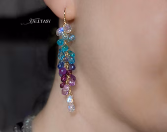 - Solid Gold 14K Multi Stone Semi Precious Long Gemstone Earrings, Long Drop Cluster Earrings