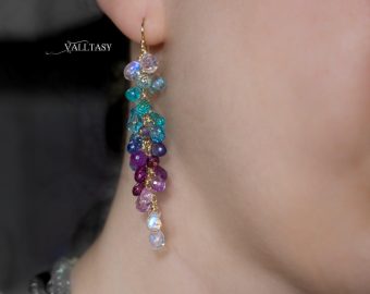 - Solid Gold 14K Multi Stone Semi Precious Long Gemstone Earrings, Long Drop Cluster Earrings