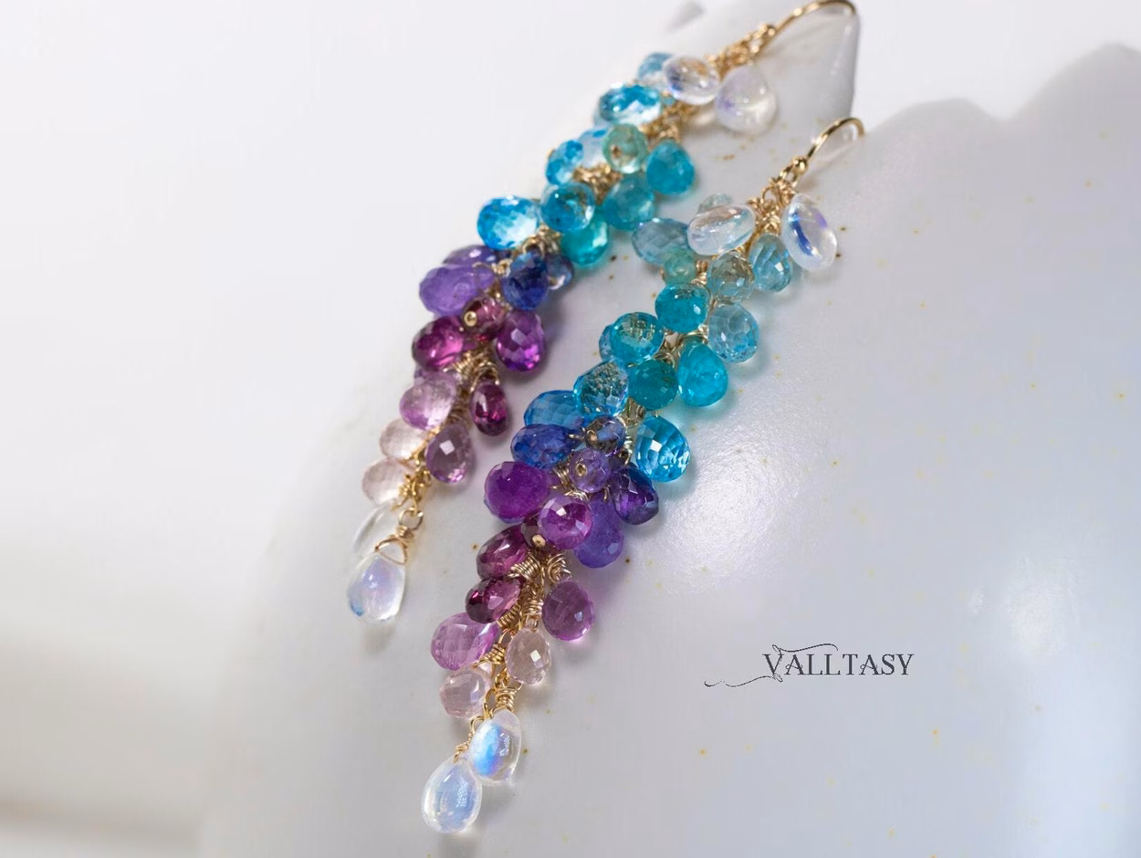 - Solid Gold 14K Multi Stone Semi Precious Long Gemstone Earrings, Long Drop Cluster Earrings