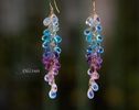 - Solid Gold 14K Multi Stone Semi Precious Long Gemstone Earrings, Long Drop Cluster Earrings