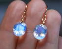 - Solid Gold 14K Oval Rainbow Moonstone Earrings
