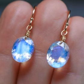 The Halo Earrings – Solid Gold 14K Oval Rainbow Moonstone Earrings