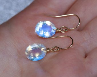 - Solid Gold 14K Oval Rainbow Moonstone Earrings