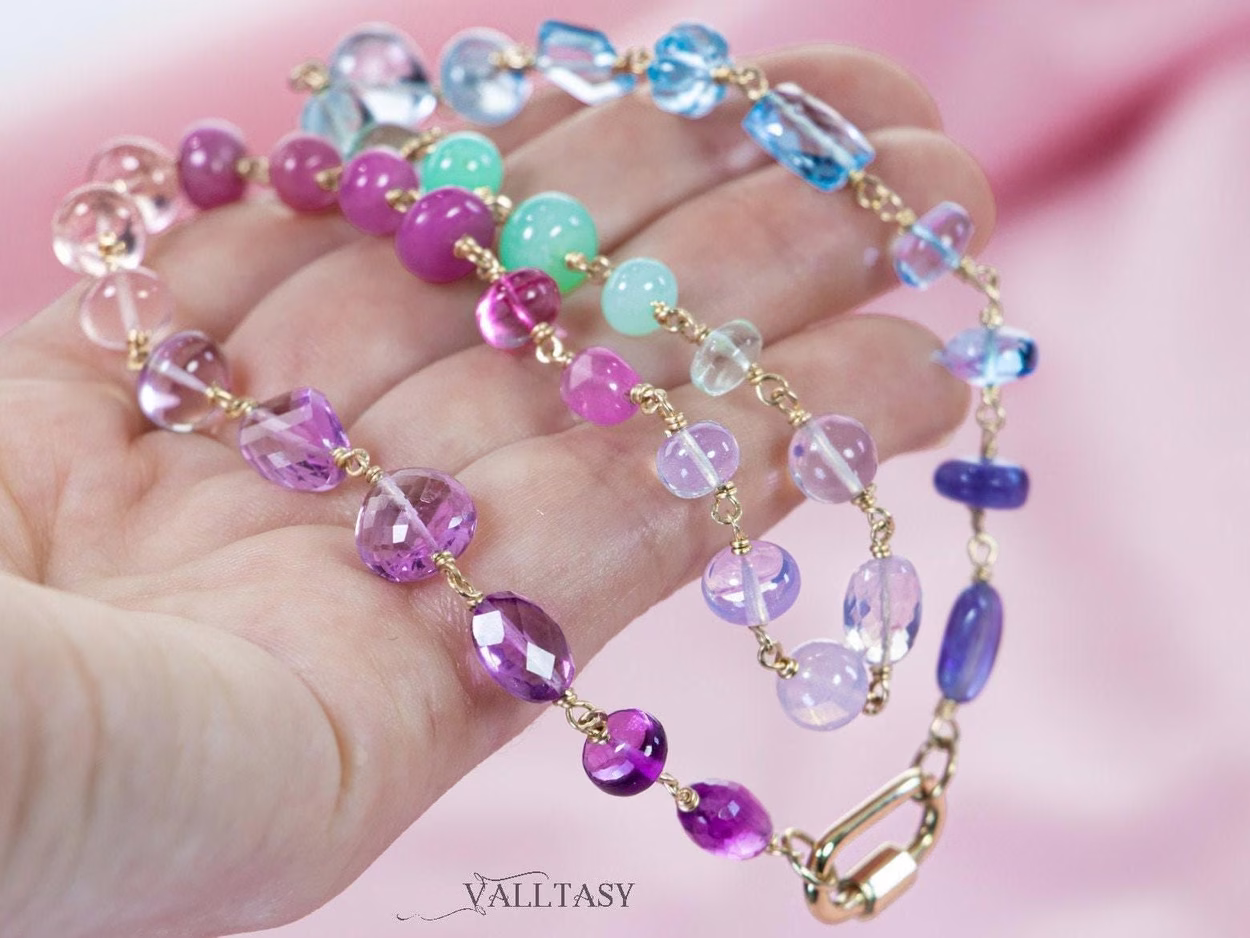 - Solid Gold 14K Pastel Gemstone Necklace Wire Wrapped in Gold, Gemmy Necklace, Colorful Multi Stone Fancy Shaped Necklace