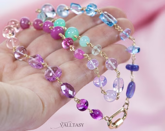 - Solid Gold 14K Pastel Gemstone Necklace Wire Wrapped in Gold, Gemmy Necklace, Colorful Multi Stone Fancy Shaped Necklace