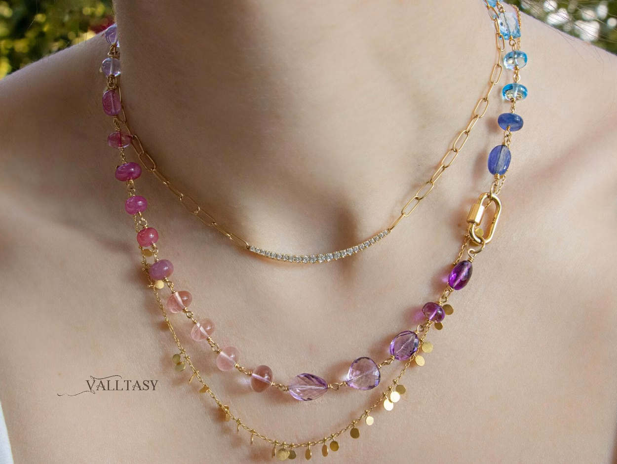 - Solid Gold 14K Pastel Gemstone Necklace Wire Wrapped in Gold, Gemmy Necklace, Colorful Multi Stone Fancy Shaped Necklace