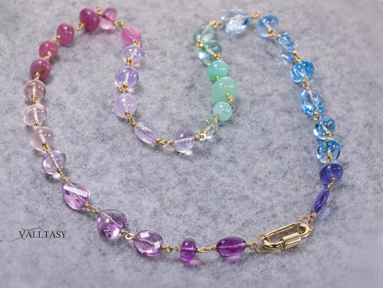 - Solid Gold 14K Pastel Gemstone Necklace Wire Wrapped in Gold, Gemmy Necklace, Colorful Multi Stone Fancy Shaped Necklace