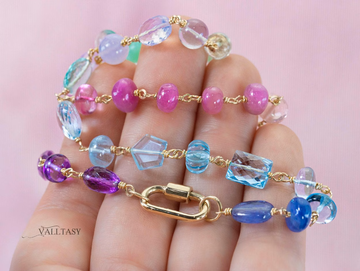 - Solid Gold 14K Pastel Gemstone Necklace Wire Wrapped in Gold, Gemmy Necklace, Colorful Multi Stone Fancy Shaped Necklace