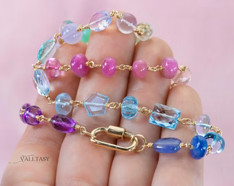 - Solid Gold 14K Pastel Gemstone Necklace Wire Wrapped in Gold, Gemmy Necklace, Colorful Multi Stone Fancy Shaped Necklace