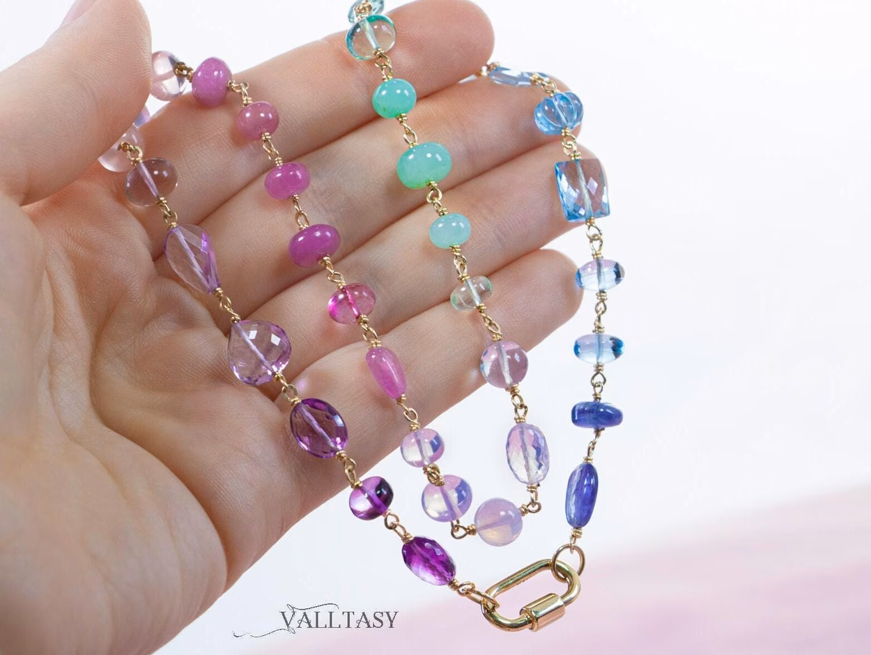 - Solid Gold 14K Pastel Gemstone Necklace Wire Wrapped in Gold, Gemmy Necklace, Colorful Multi Stone Fancy Shaped Necklace