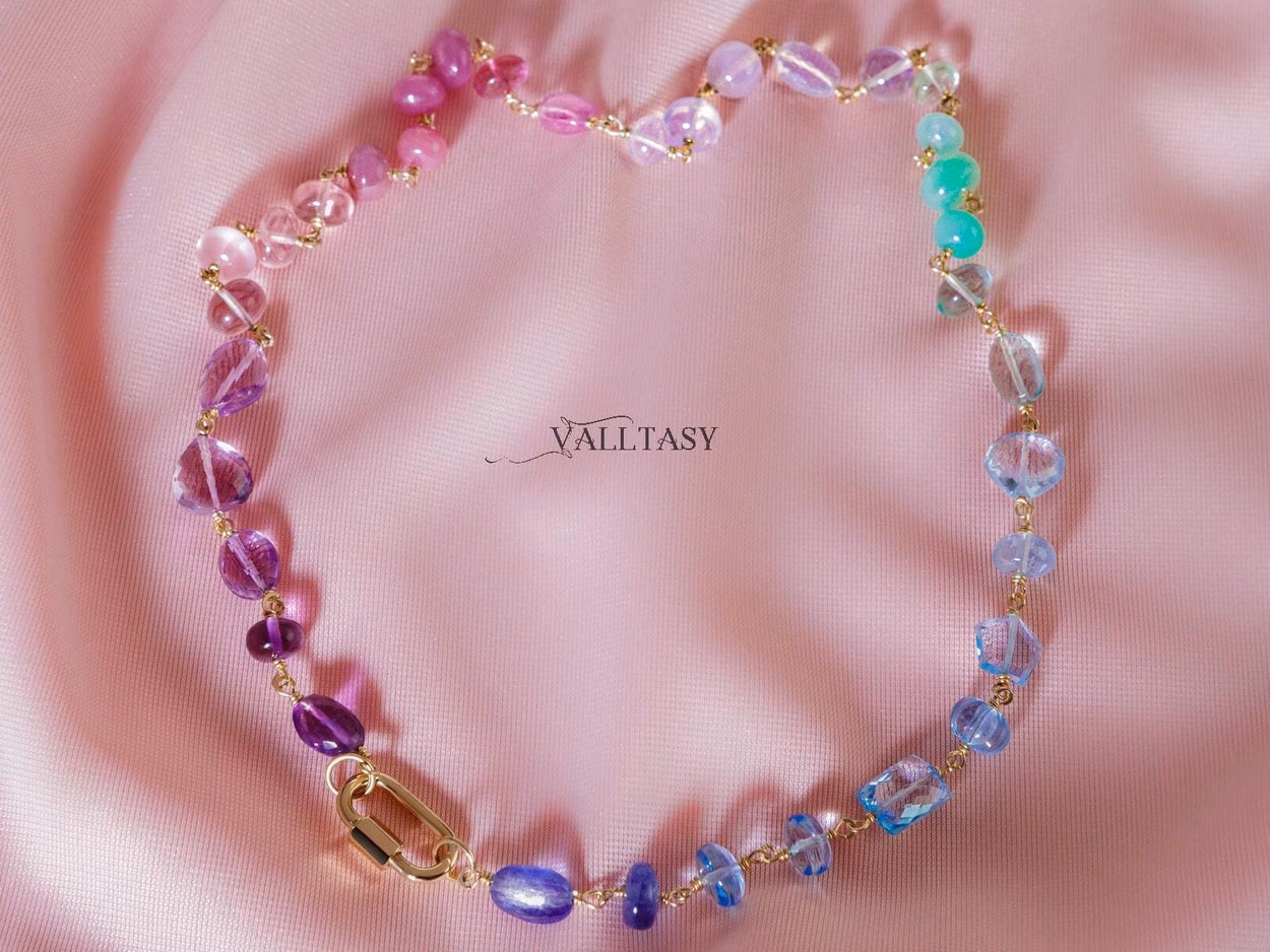 - Solid Gold 14K Pastel Gemstone Necklace Wire Wrapped in Gold, Gemmy Necklace, Colorful Multi Stone Fancy Shaped Necklace