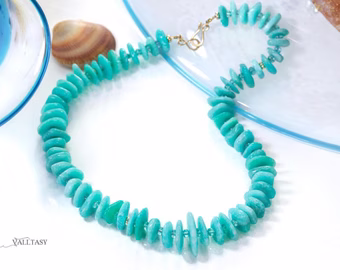 - Solid Gold 14K Peruvian Amazonite and Apatite Necklace, Aqua Blue Gemstone Beaded Necklace