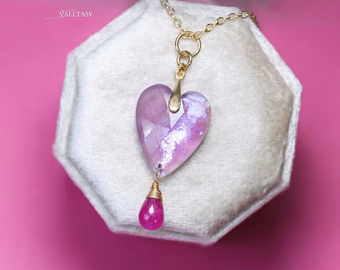 - Solid Gold 14K Pink Amethyst and Pink Ruby Pendant without a Chain, Unique Ruby Charm Design