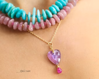 - Solid Gold 14K Pink Amethyst and Pink Ruby Pendant without a Chain, Unique Ruby Charm Design