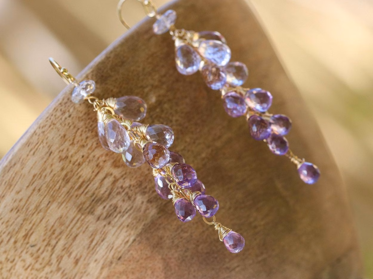 - Solid Gold 14K Pink Amethyst Long Cluster Earrings, Wire Wrapped Gemstone Statement Earrings