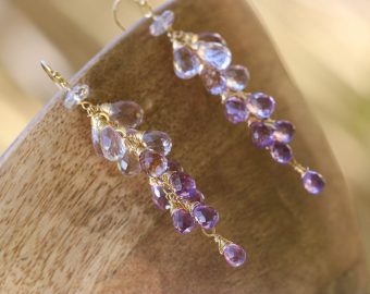 - Solid Gold 14K Pink Amethyst Long Cluster Earrings, Wire Wrapped Gemstone Statement Earrings