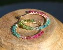 - Solid Gold 14K Pink Green and Blue Tourmaline Earrings Wire Wrapped Gemstone Hoop Earrings