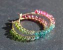 - Solid Gold 14K Pink Green and Blue Tourmaline Earrings Wire Wrapped Gemstone Hoop Earrings