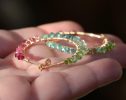 - Solid Gold 14K Pink Green and Blue Tourmaline Earrings Wire Wrapped Gemstone Hoop Earrings