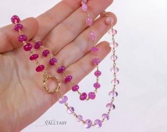 - Solid Gold 14K Pink Necklace Wire Wrapped in Gold, Gemmy Necklace, Colorful Multi Stone Fancy Shaped Necklace