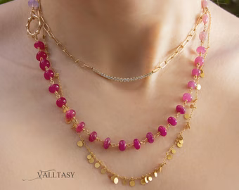 - Solid Gold 14K Pink Necklace Wire Wrapped in Gold, Gemmy Necklace, Colorful Multi Stone Fancy Shaped Necklace