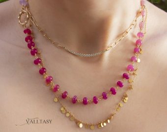 - Solid Gold 14K Pink Necklace Wire Wrapped in Gold, Gemmy Necklace, Colorful Multi Stone Fancy Shaped Necklace